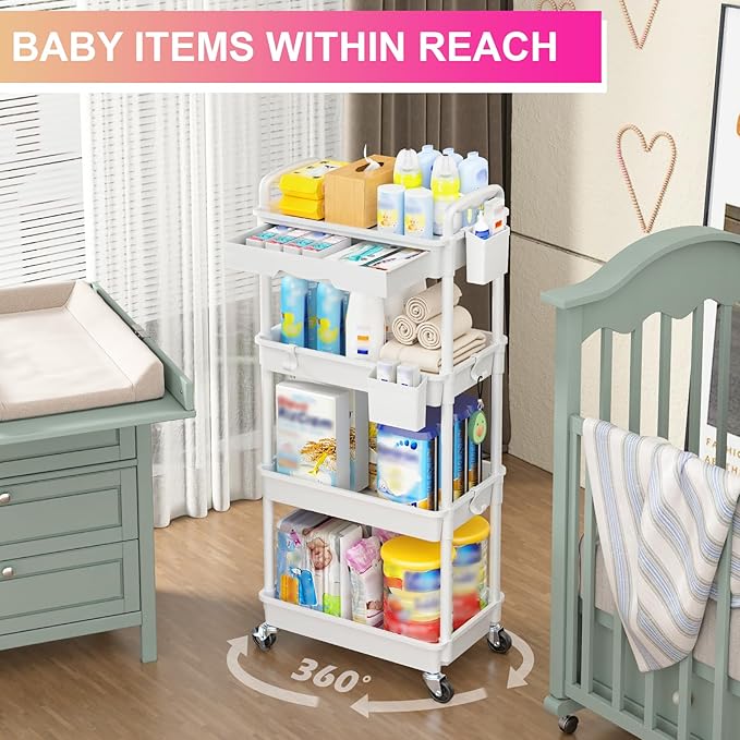 Goovilla 4 Tier Rolling Utility Cart Organizer with Removable Drawer Stable and Sturdy White Rolling Storage Carts with 2 Lockable Wheels for Bathroom Kitchen Snack Craft Makeup Baby Essentials