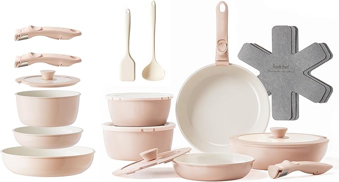 RedChef Ceramic Pots and Pans Set Nonstick Kitchen Cookware with Detachable Handle 22pcs PFAS PFOA &amp PTFE Free RV Ceramic Cookware for Camping Dishwasher &amp Oven Safe