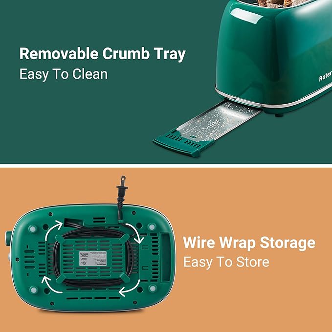 Roter Mond 2 Slice Toaster Retro Stainless Steel with Bagel Cancel and Defrost Functions 6 Bread Shade Settings Extra Wide Slots and Removable Crumb Tray Green