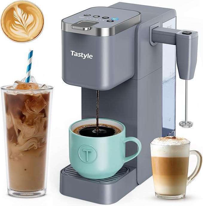 Single Serve Coffee Maker with Built-in Detachable Milk Frother Iced and Hot Coffee Machine for K Cup &amp Grounds 40oz Removable Water Reservoir 6 Cup Sizes Fits 7.3 Travel Mug Gray