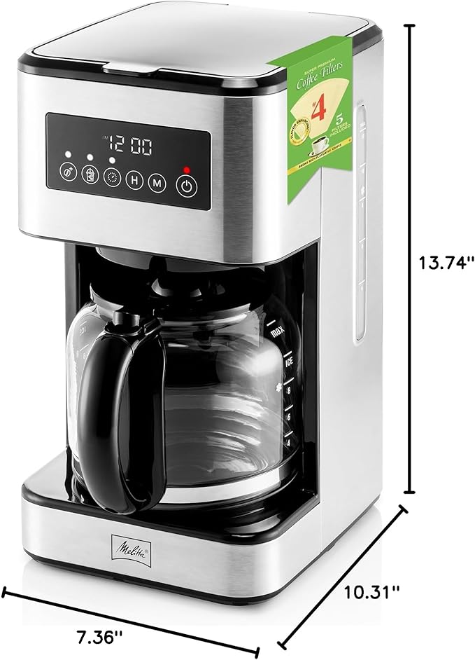 Melitta Aroma Series Programmable Drip Coffee Makers Parent (Aroma Tocco Plus Black and Stainless Steel 12 Cups) with 5-Pack Coffee Filters
