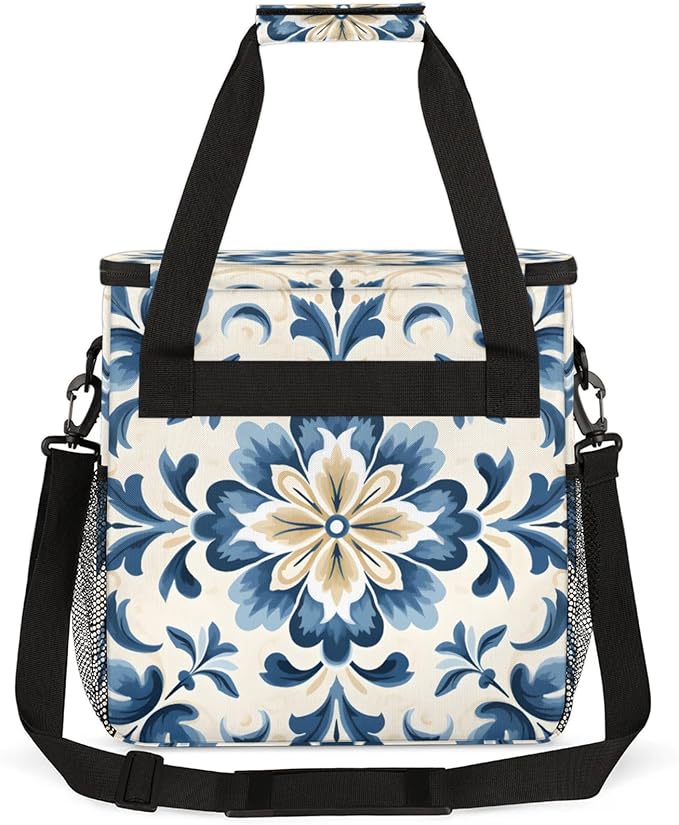 Watercolor Blue Flowers Coffee Maker Travel Bag for Keurig K-Mini/K-Mini Plus Insulated Waterproof Tote with Pockets for K-Cup Portable Single-Serve Brewer Case