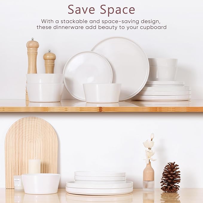 Herogo 24 Pieces Dinnerware Dishes Set for 8 Handmade Stoneware Dining Plates and Bowls Sets Double Reactive Glaze Microwave &amp Dishwasher Safe Scratch Resistant Pearl White