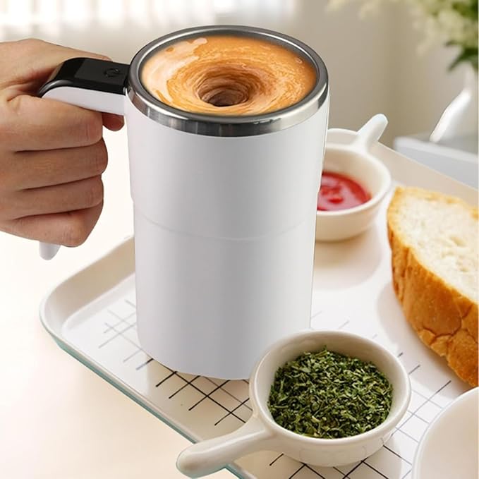 Automatic Stir Coffee g with Temperature Display – Rechargeable Self- Lid Stainless Steel Ideal for Milk and Beverages (White)