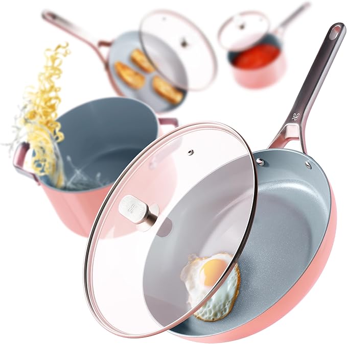Greater Goods Savvy Ceramic Nonstick Cookware Set and Cold Press Juicer Bundle (Pink/Onyx Black)