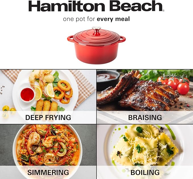 Hamilton Beach Enameled Cast Iron Dutch Oven 5.5-Quart Red Cream Enamel Dutch Oven Pot with Lid