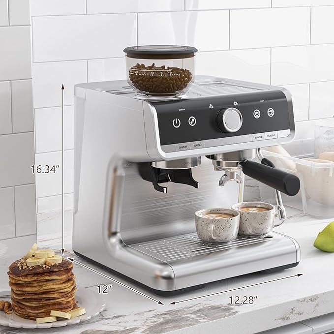 Stainless Steel Espresso Machine with Grinder &amp 20 Bar Pressure 2.8L Removable Water Tank Milk Frother Steam Wand for Latte/Cappuccino - Adjustable Shot Volume Professional Home/Office Use