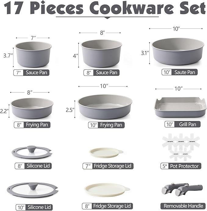 SENSARTE 17 Piece Ceramic Pots and Pans Set Nonstick Detachable Handle Cookware Induction Kitchen Cookware Set with Removable Handle Dishwasher ＆ Oven Safe (Gray)