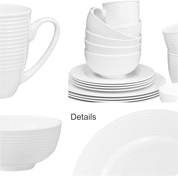 QOUTIQUE Bone China Dinnerware 20PC Set Service for 4 White Embossed circle Microwave Safe Translucent Elegant giftware Dish set Essential Home Kitchen Dishes Dinner Set