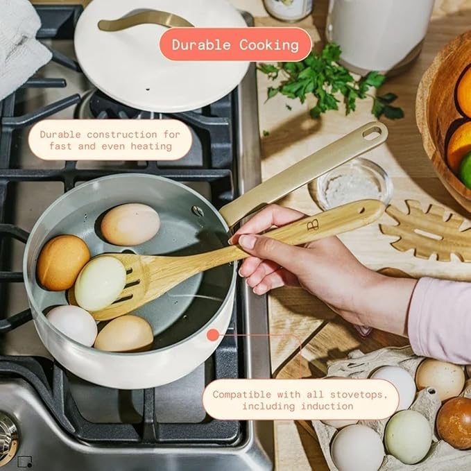 Pans 12pc Ceramic Non-Stick Cookware Set by Drew Barrymore Pots &amp Pans with Lids Dishwasher‑SafeSoft‑Touch Handles Even‑Heat Base. (White Icing)