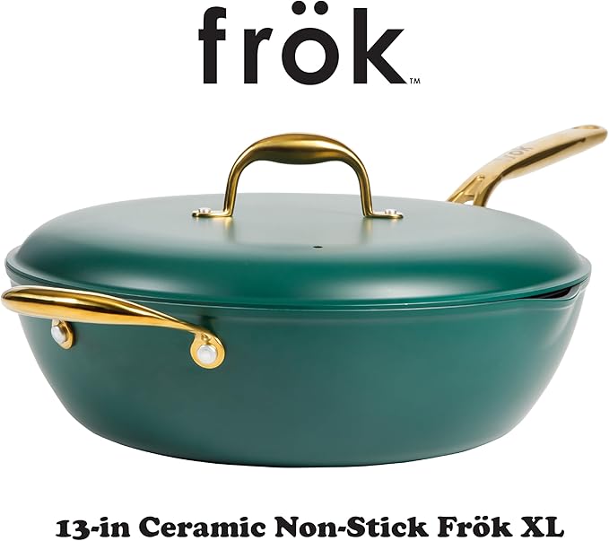 Frok 13 Frying Pan Wok Skillet 4MM Thick Quick Heat Aluminum Cookware w/Aluminum Lid Premium PFA Free Ceramic Nonstick Interior &amp Heat Resistant Exterior - Induction - Green &amp Gold