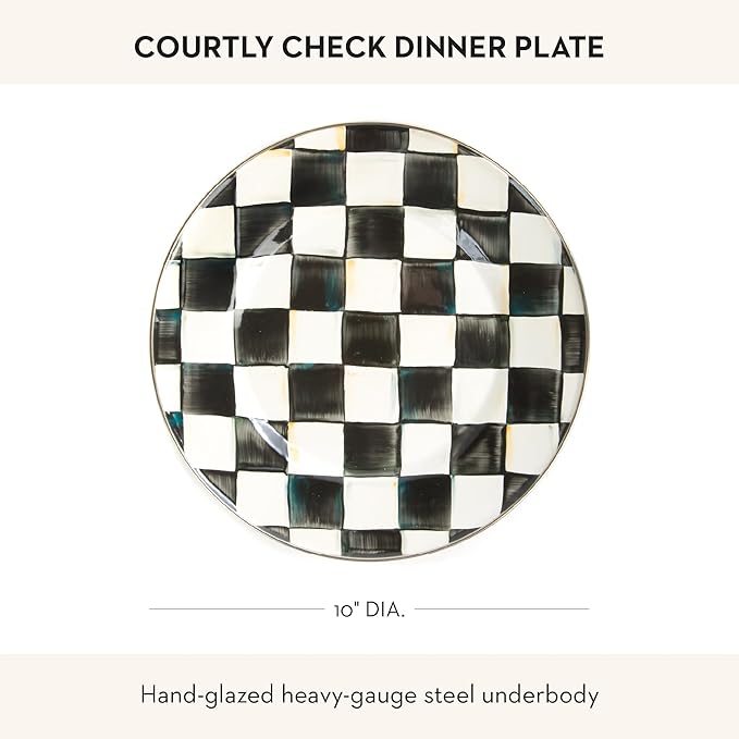 MACKENZIE-CHILDS Enamel Dinner Plate Decorative Dinnerware Plate 10 Inches Set of 1 Black-and-White Courtly Check (Pack of 2)