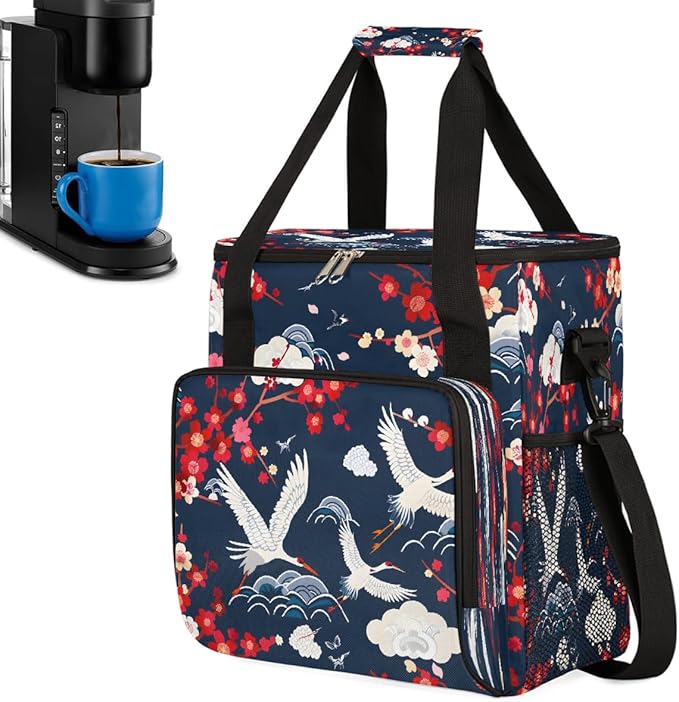 Plum Blossom Crane Cloud Coffee Maker Carring Bag Travel Carrying Storage Tote Bag Compatible with Keurig K-Mini or K-Mini Plus Portable Single Serve Coffee Brewer Case with Pockets for K-cup Pods