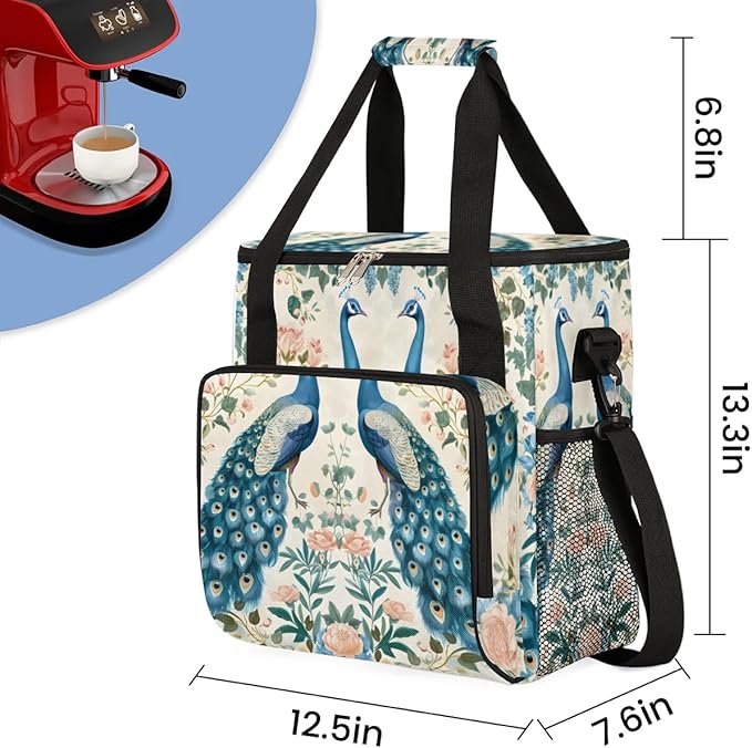 Coffee Maker Carrying Bag Peacock Flower Pattern Single Cup Coffee Maker Travel Bag Compatible with Keurig K-Mini or K-Mini Plus Portable Storage Bag with Shoulder StrapAZ-207