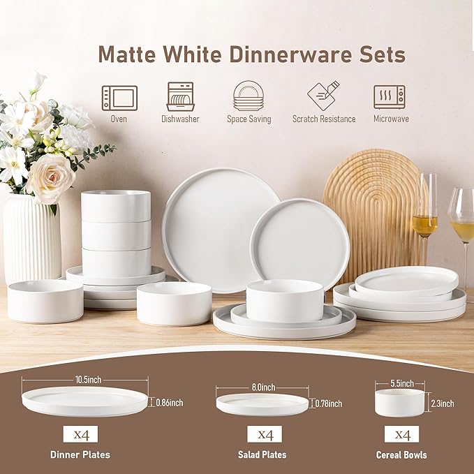GBHOME Ceramic Dinnerware Sets for 4Stoneware Plates and Bowls SetsChip and Crack Resistant | Dishwasher &amp Microwave Safe Dishes SetScratch Resistant- Service for 4 (12pc)- Snow White