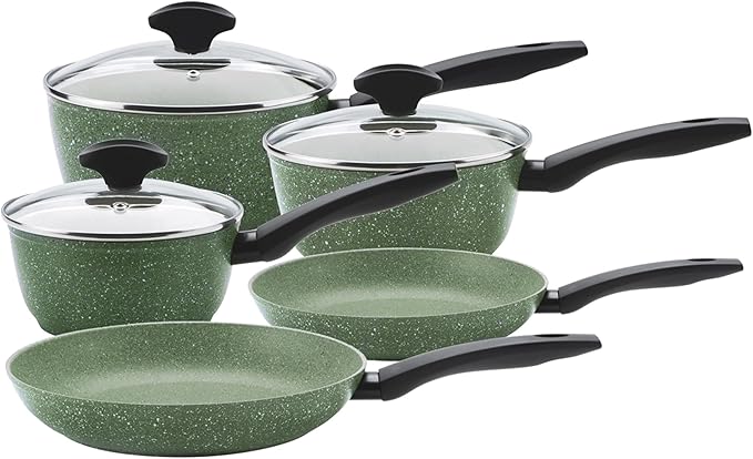 PRESTIGE Eco Non Stick Pots and Pans Set – 5 Piece Recycled Induction Hob Pan Set with Lids Soft Grip Stay Cool Handles Set of 3 Saucepans &amp Set of 2 Frying Pans Green