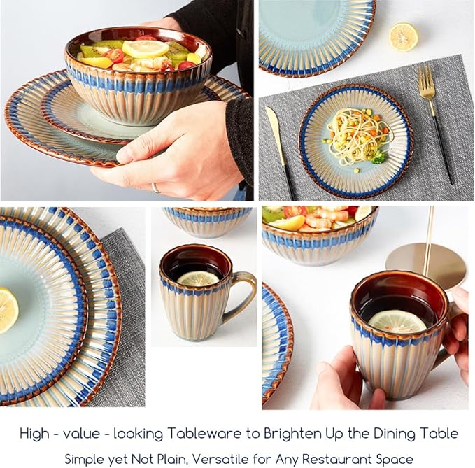 Stoneware Dinnerware Set of 4 4 Pieces Ceramic Dinner Plates Bowl Mug for Kitchen – Unique Gift Idea Scratch Resistant Dishes Dishwasher &amp Microwave Safe (Norwegian Coast)