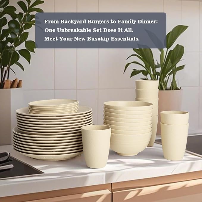 40 PCS Wheat Straw Dishes Sets | Reusable Dinnerware Set for 8 - Dinner Plates Cereal Bowls Drinking Glasses Unbreakable Plastic Plates and Bowls Sets Microwave Safe for Kitchen - Beige