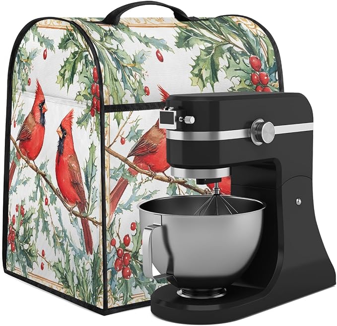 cfpolar Kitchen Aid Mixer Cover Compatible with 6-8 Quarts Christmas Cardinal Holly Stand Mixer Cover Kitchen Aid Mixers Accessories Appliance Organizer Bag Dust Covers with Zipper Pocket