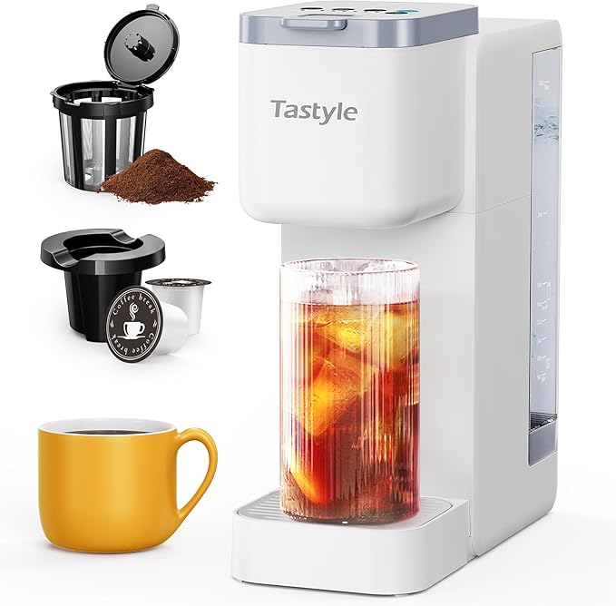Single Serve Hot &amp Iced Coffee Maker with Strong Brew 40oz Removable Reservoir 6 Brew Sizes Compatible with K Cup and Grounds Compact for Home Office RV and Dorm White (2.0 Version)