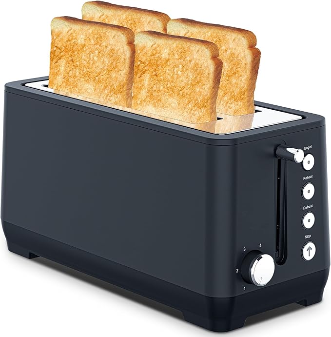 Toaster 4 Slice Wide Slot Toaster Long Slot with Warming Rack 6 Browning Settings Bagel/Defrost Functions Removable Crumb Tray (Antique Blue)