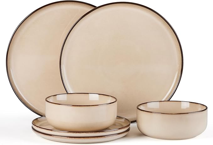 E-far 6-Piece Plates and Bowls Set Stoneware Dinnerware Sets for 2 Reactive Glaze Ceramic Dinning Ware Dishes Microwave &amp Dishwasher Safe - Sandy Beige