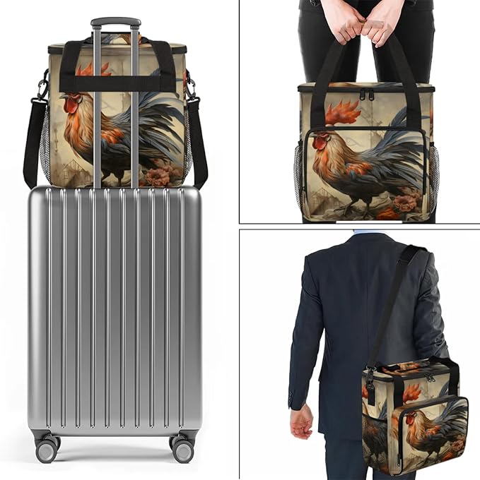Rustic Chicken Coffee Maker Travel Bag for Keurig K-Mini/K-Mini Plus Insulated Waterproof Tote with Pockets for K-Cup Portable Single-Serve Brewer Case