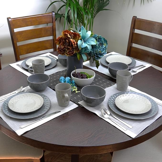 Luxurious 16 Piece Pearl Dinnerware Set - Stoneware Service for 4 Elegant Slate &amp Stone Finish Dishwasher &amp Microwave Safe Diamond Texture (Stone &amp Pearl)