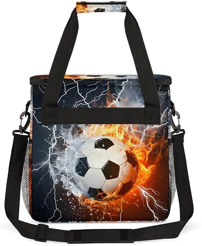 Soccer Ball Fire And Water Travel Coffee Maker Carrying Bag Large Organizer Storage Tote Bag Insulated Reusable Cooler Grocery Bags