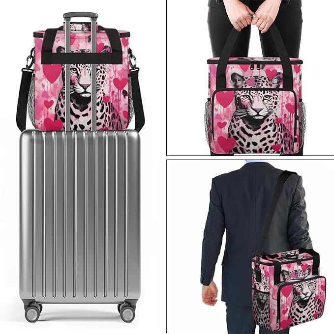 Leopard Love Heart Coffee Maker Travel Bag for Keurig K-Mini/K-Mini Plus Insulated Waterproof Tote with Pockets for K-Cup Portable Single-Serve Brewer Case