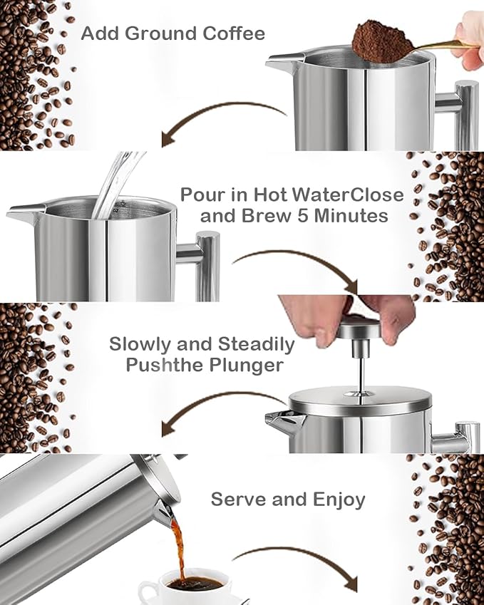 French Press Coffee Maker304 Stainless Steel Coffee Press with scale lines and 2 Extra Filters for Kitchen &amp Camping (Silver 34 OZ) 1 Litre