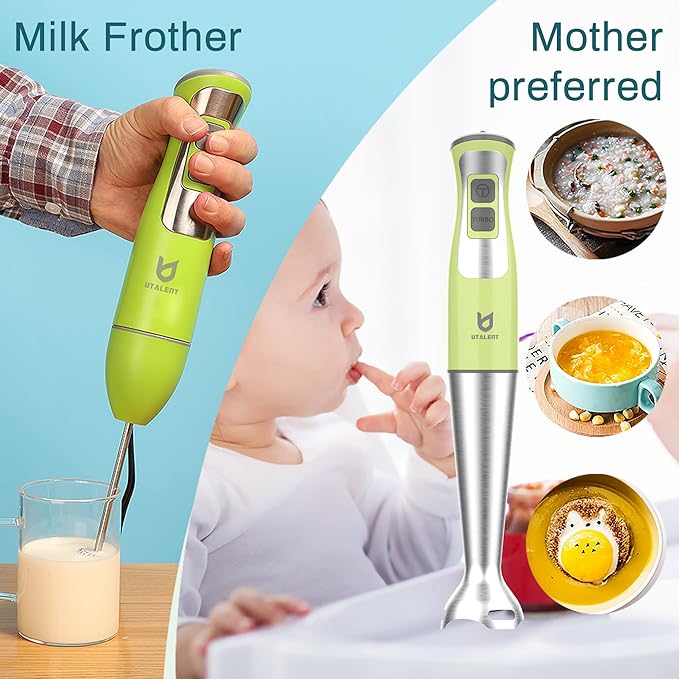 Immersion Hand Blender UTALENT 5-in-1 8-Speed Stick Blender with 500ml Food Grinder BPA-Free 600ml ContainerMilk FrotherEgg WhiskPuree Infant Food Smoothies Sauces and Soups - Green