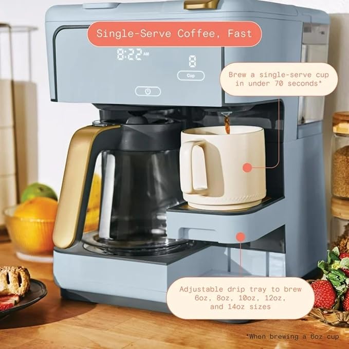 Dual Function Coffee Maker with 12 Cup Drip Brewing and Single Cup Option Programmable Control Panel (Cornflower Blue)