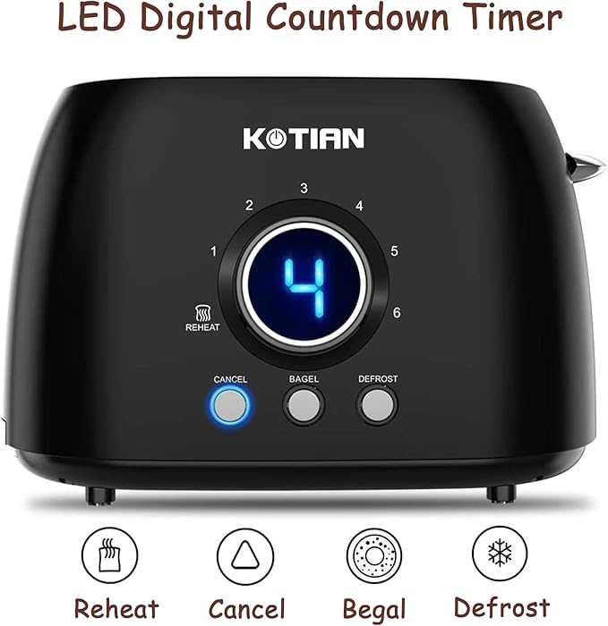 Toaster 2 SliceKOTIAN Retro Toaster1.5 Extra Wide SlotStainless Steel Toasters BagelDefrostReheatCancel Function 6 Toast Settings Digital TimerRemovable TrayMatte Black