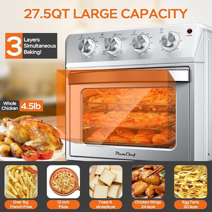 Air Fryer Oven 27.5QT 6-in-1 Countertop Oven Air Fry Bake Broil Toast Warm Dehydrate 4 Knob Control 1600W Family Size Silver