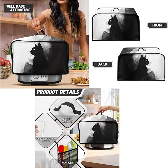Ink Painting Black Cat Toaster Covers 4 Slice Wide Slot3Pcs Set Christmas Bread Machine Cover Slow Cookers Cover Blender Covers with Top Handle and Accessories Pocket Counter Decor