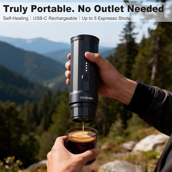 Portable Espresso Machine Self-Heating Travel Espresso Maker with USB-C Charging Compatible with Ground Coffee &amp NS Capsules All-in-One Travel Kit with Carrying Bag &amp Stand