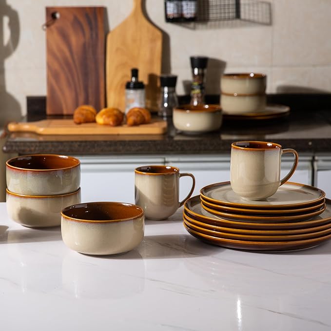 Ceramic Dinnerware Sets of 4Poreclain Plates and Bowls SetsHandmade Reactive Glaze Dishes SetChip Resistant and Scratch Resistant | Oven&ampDishwasher &amp Microwave Safe16PCS-Kahki