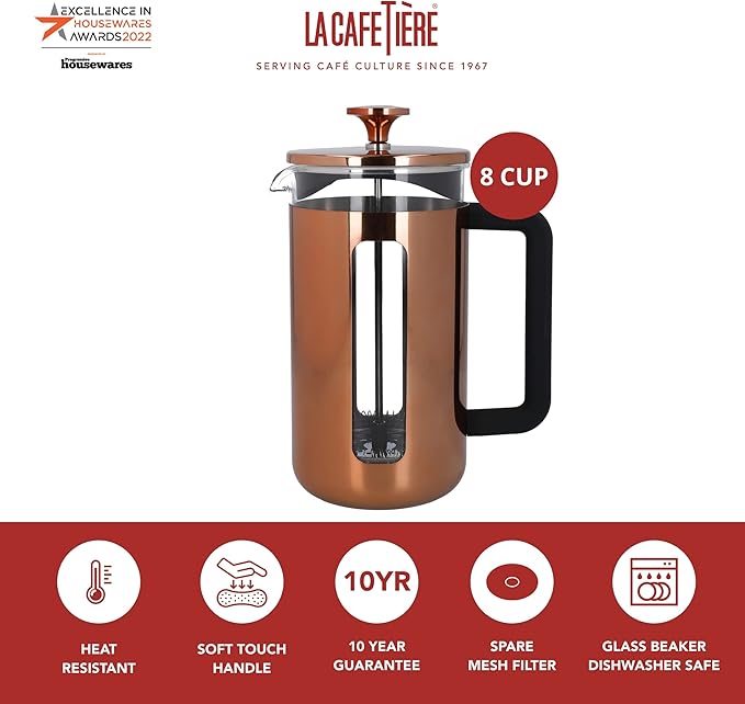 La Cafetière Pisa Stainless Steel Cafetière Eight Cup Copper Gift Boxed
