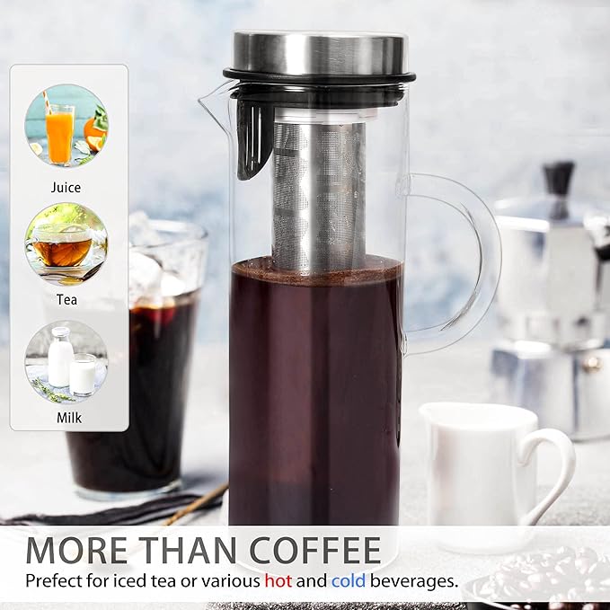 Deluxe Cold Brew Coffee Maker with Removable Stainless Steel Filter (Stainless Steel 44oz/1300ml/1.4QT)