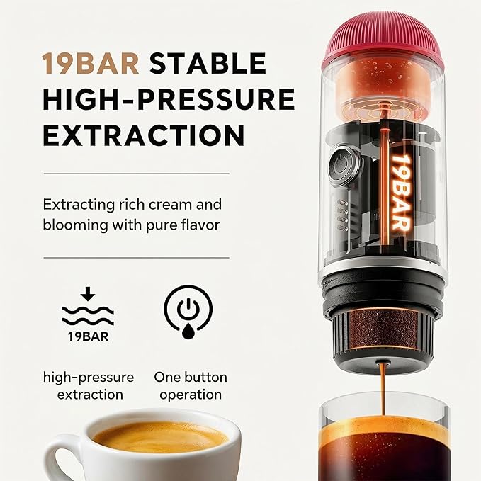 Portable Espresso Machine with 3-4 Min Self-heating 7800mAh Rechargeable Electric Coffee Machine 19 Bar Compatible with NS Capsules and Ground Coffee (Red)
