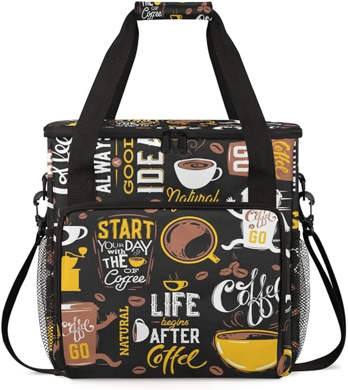 Start Your Day with Coffee Travel Bag Compatible with Keurig K-Mini Single Serve Coffee Brewer Carrying Case Compatible for K-Mini Plus with Multiple Pockets for K-Cup Pods (Bag Only)