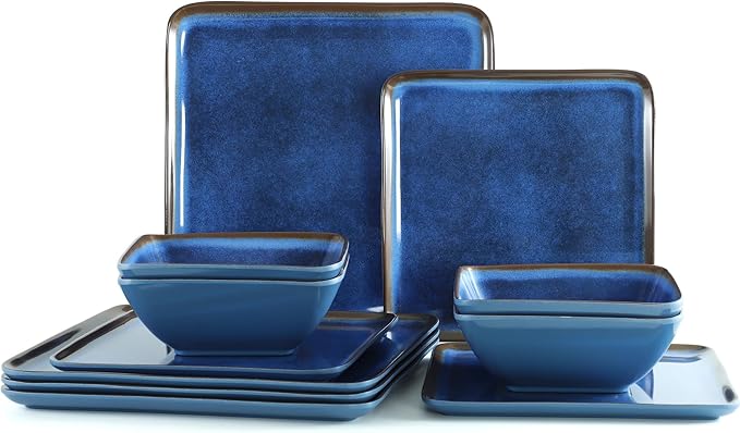 Melamine Dinnerware Sets 12 Pcs Square Plates and Bowls Sets of 4 Unbreakable Dishes Set for Outdoor Use Lightweight Dishware Set for CampingPatio and RV Dishwasher Safe Navy Blue