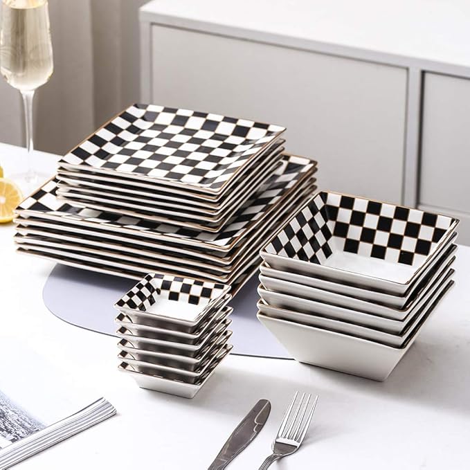 Porlien Checker Porcelain Square Dinnerware Set for 4 Dishes Set for 4 with 3.3-inch Dipping Saucers Black and White Plates and Bowls Set