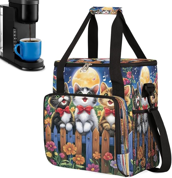 Cartoon Cat Singing On Flowery Fence Coffee Maker Carring Bag Travel Carrying Storage Tote Bag Compatible with Keurig K-Mini or K-Mini Plus Portable Single Serve Coffee Brewer Case with Pockets