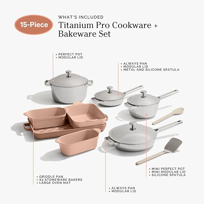 Our Place 15-Piece Titanium Pro Cookware &amp Bakeware Set | Tri-Ply Titanium &amp Stainless Steel Nonstick Fry Pans &amp Pots | Ceramic Nonstick Bakers &amp Griddle Pan | Non-toxic PFAS-Free | S