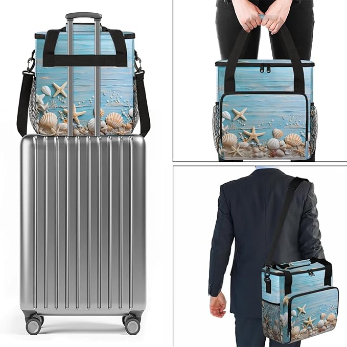 Beach Sea Shells Starfish Coffee Maker Travel Bag for Keurig K-Mini/K-Mini Plus Insulated Waterproof Tote with Pockets for K-Cup Portable Single-Serve Brewer Case