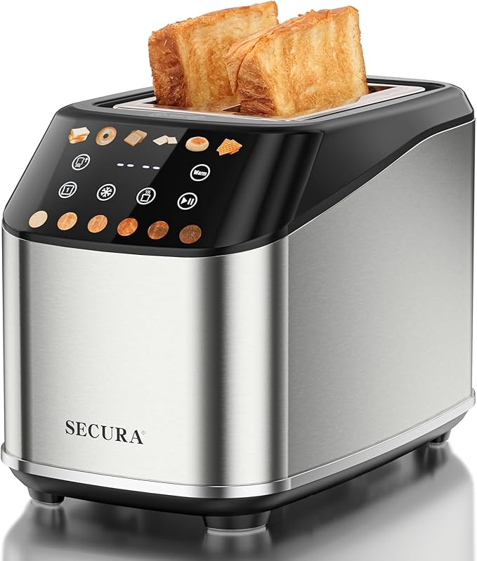 Secura 2 Slice Toaster Fully Automatic Digital Stainless Steel Toaster with Countdown Timer &amp Keep Warm Function 6 Browning Levels Bagel/Defrost/Reheat/Single-Slice Modes Removable Crumb Tray
