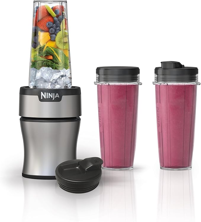 Ninja BN301 Nutri-Blender Plus Compact Personal Blender 900-Peak-Watt Motor Frozen Drinks Smoothies Sauces &amp More (3) 20 oz. To-Go Cups (2) Spout-Lids (1) Storage-Lid Dishwasher Safe Silve