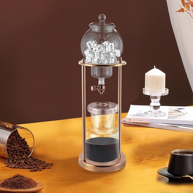 20.29oz Cold Brew Coffee MakerIced Coffee Cold Brew Drip Tower in Stainless Steel and Borosilicate GlassPortable Glass Cold Extraction Coffee Pots for HomeCoffee ShopsCafesOffices (Gold)